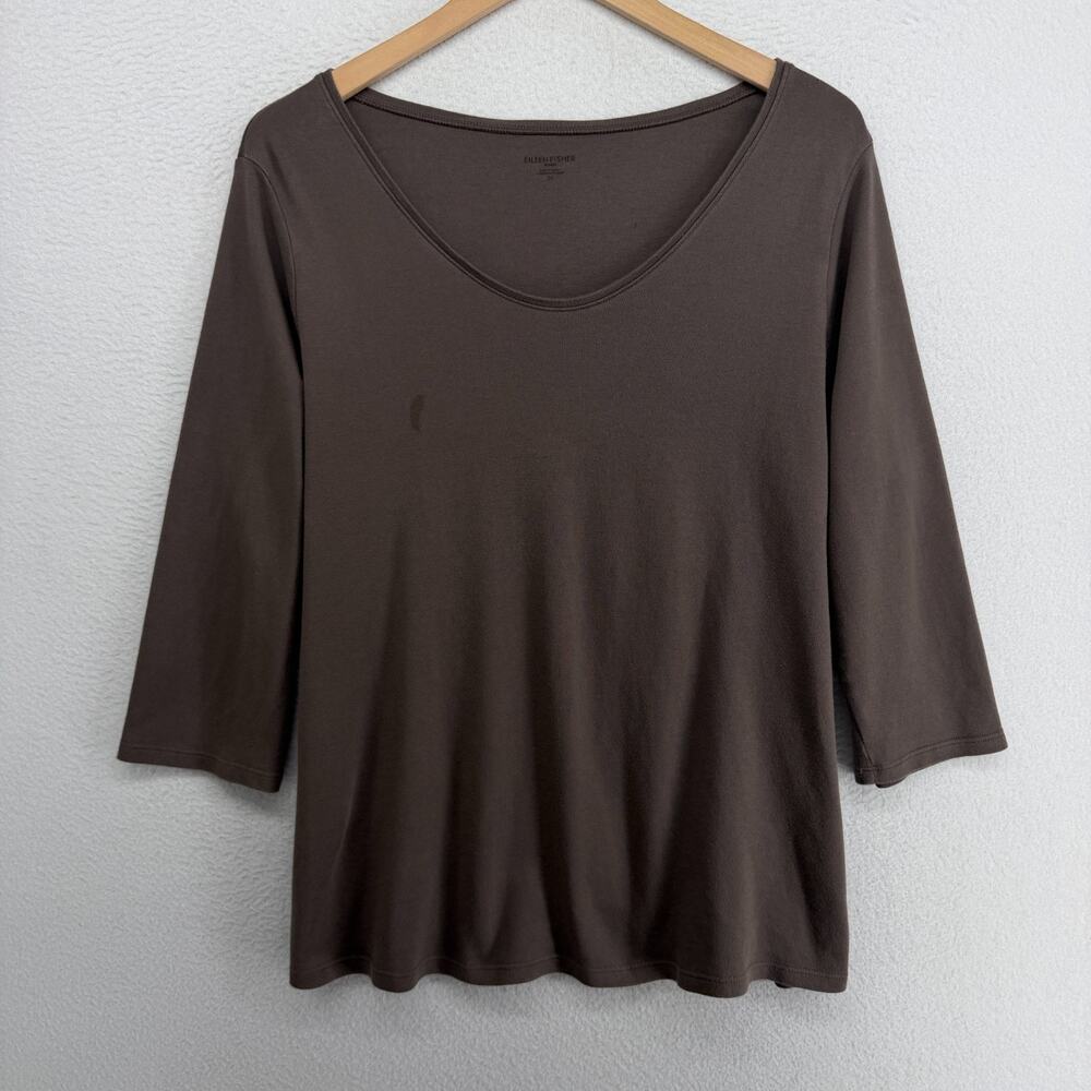 EILEEN FISHER Top 2X Interlock Organic Cotton Jersey Scoop Neck 3/4 Sleeve Brown